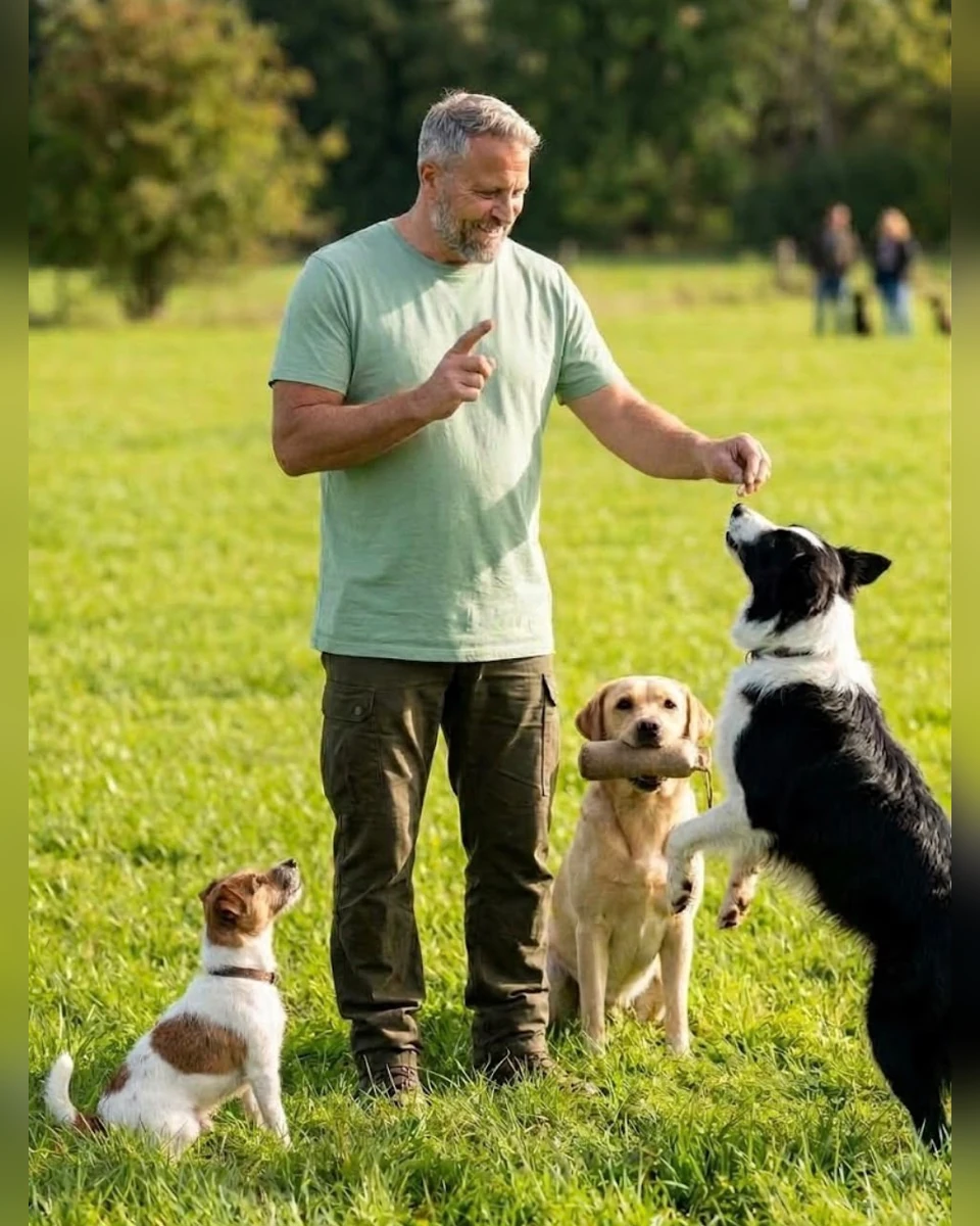 Mike beim Gruppentraining mit drei Hunden – alle Personen und Hunde vollständig sichtbar