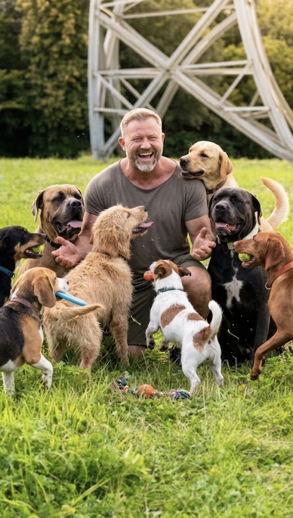Mike Kasper sitzt mit mehreren Hunden auf einer Wiese