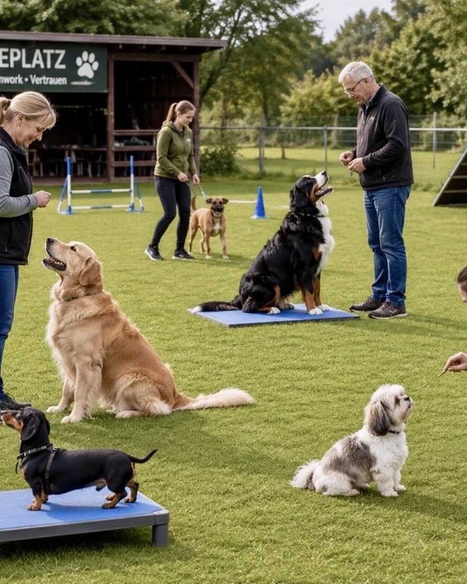 Mike und Mensch-Hund-Teams auf dem Hundeplatz beim gemeinsamen Workshop